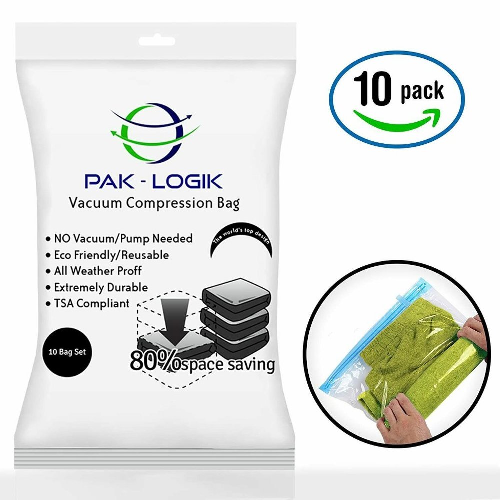 PAK-LOGIK Vacuum Compression Bag 10 Bag Set TSA Compliant ECO Friendly